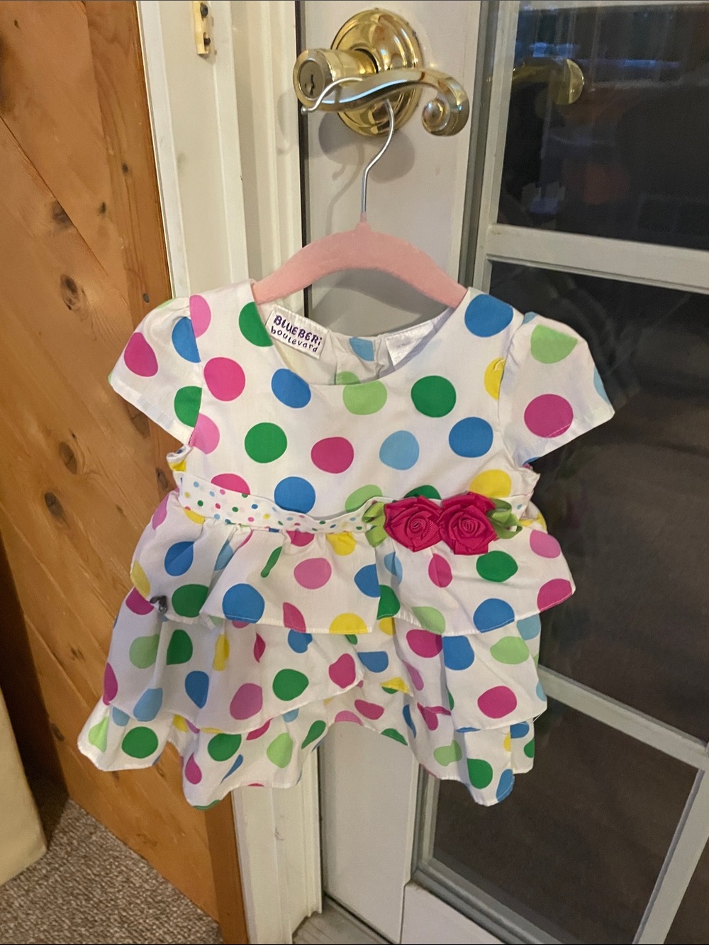 Blueberi Boulevard White Polka Dot Tiered Dress with Pink Rosettes